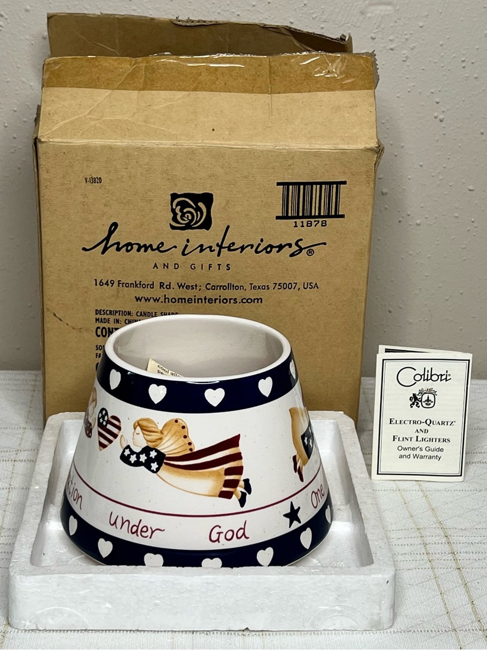 Home Interiors Jar Candle Topper/Shade "One Nation, Under God" w/Angels & Hearts